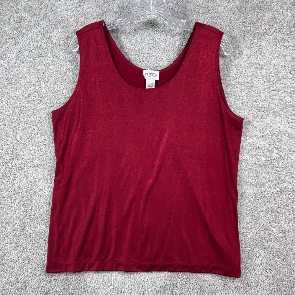 Chicos Travelers Red Shimmer Scoop Neck Tank Top Size 3‎ Womens Sleeveless Shell